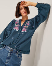 Bria Embroidered Blouson Blouse, Blue (BLUE), large