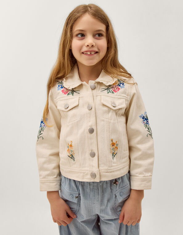 Embellished Floral Denim Jacket, Ivory (IVORY), large