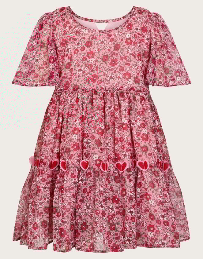 3D Hearts Floral Short Sleeve Dress, Red (RED), large