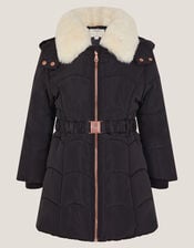 Fluffy Collar Belted Puffer Coat, Black (BLACK), large