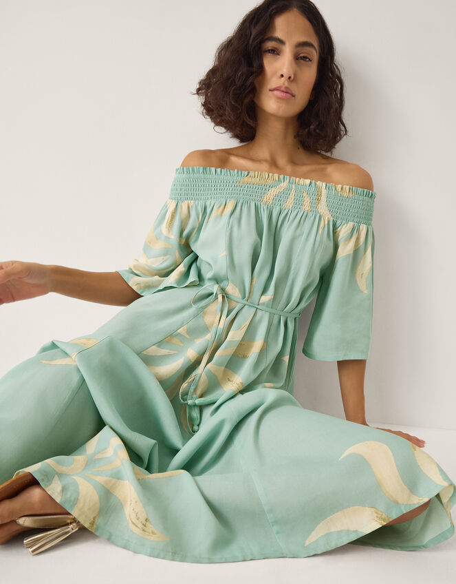 Tashie Sun Print Bardot Midi Dress, Blue (AQUA), large