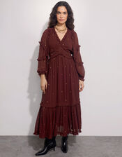 East Foil Polka Dot Ruffle Dress, Brown (BROWN), large