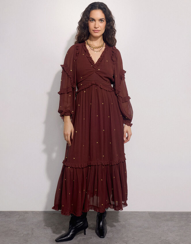 East Foil Polka Dot Ruffle Dress, Brown (BROWN), large