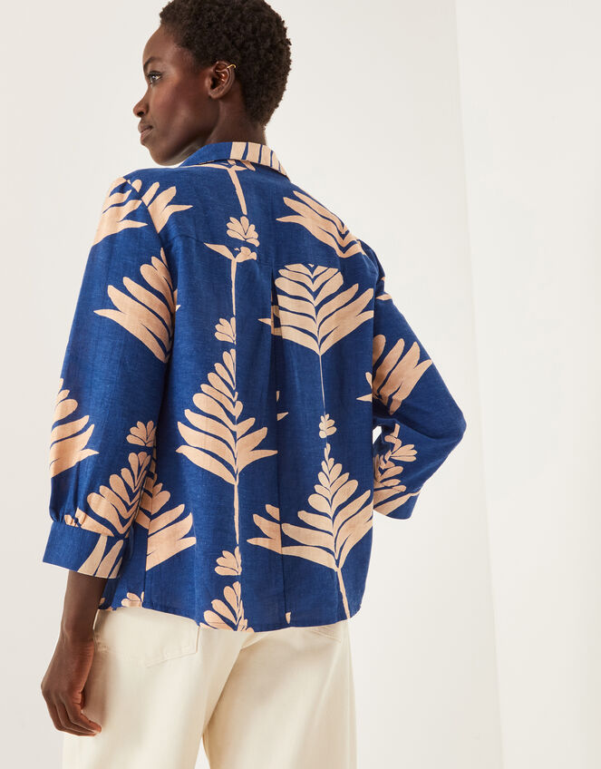 Pamela Linen Blend Leaf Print Top, Blue (COBALT), large