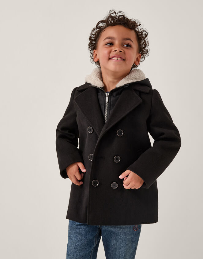 Zip Through Hooded Peacoat, Black (BLACK), large