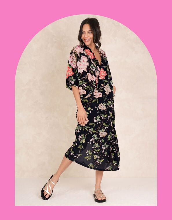 One Hundred Stars Rachel Blossom Midi Dress, Black (BLACK), large