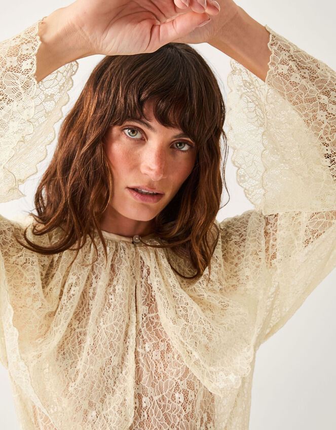 Monsoon x Sarah Corbett-Winder Oversized Collar Lace Blouse, Cream (CREAM), large