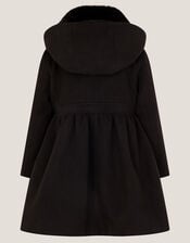 Faux Fur Collar Double-Breasted Coat, Black (BLACK), large