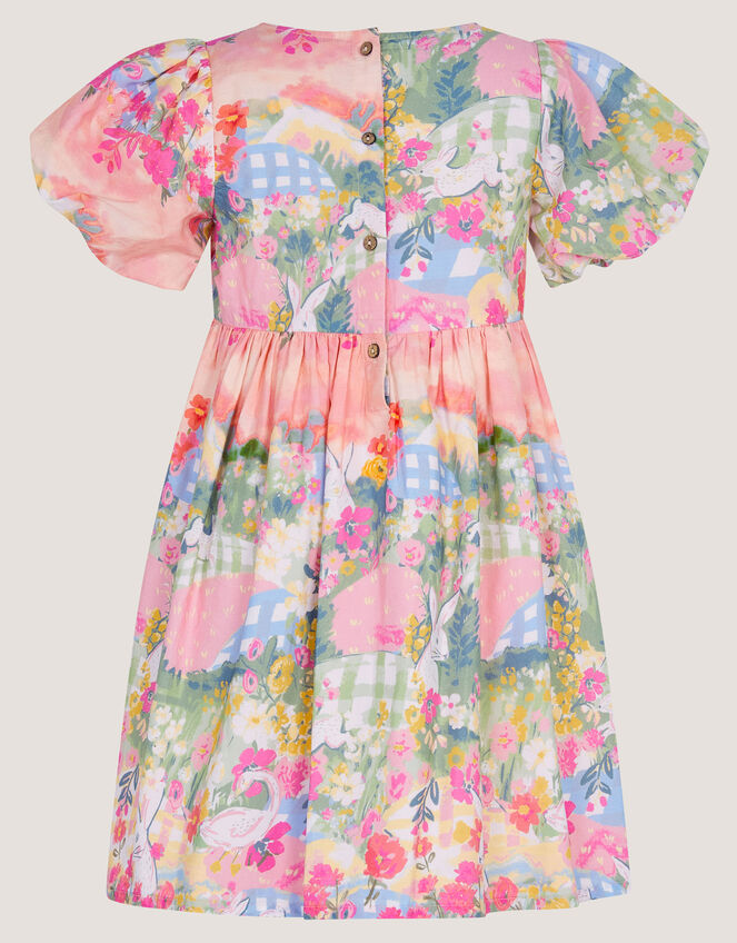 Bunny Scene Puff Sleeve Dress, Yellow (YELLOW), large