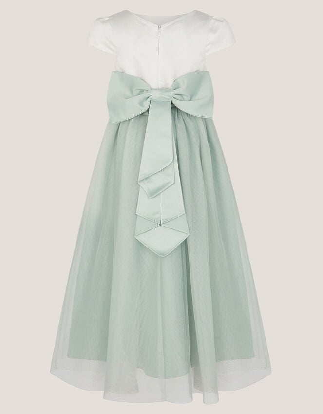 Short Sleeve Satin Tulle Bridesmaid Maxi Dress, Green (SAGE), large