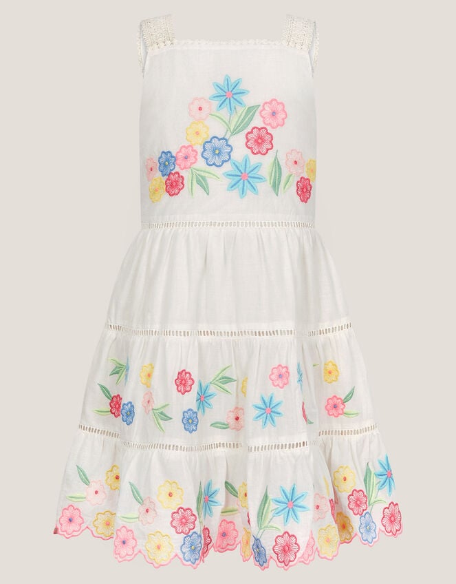 Floral Embroidered Cotton Dress, Ivory (IVORY), large