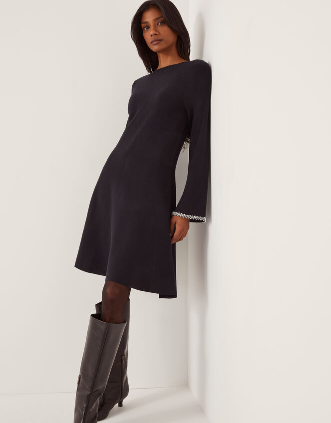 Tate Embellished Long Sleeve Knit Mini Dress, Blue (MIDNIGHT), large