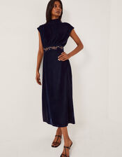 Grace High Neck Embroidered Velvet Midi Dress, Blue (NAVY), large
