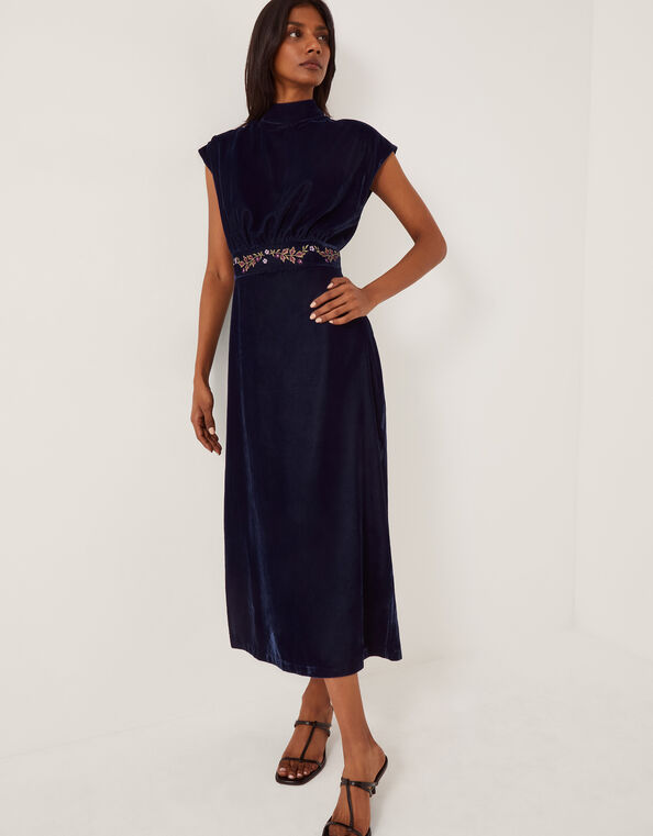 Grace High Neck Embroidered Velvet Midi Dress, Blue (NAVY), large