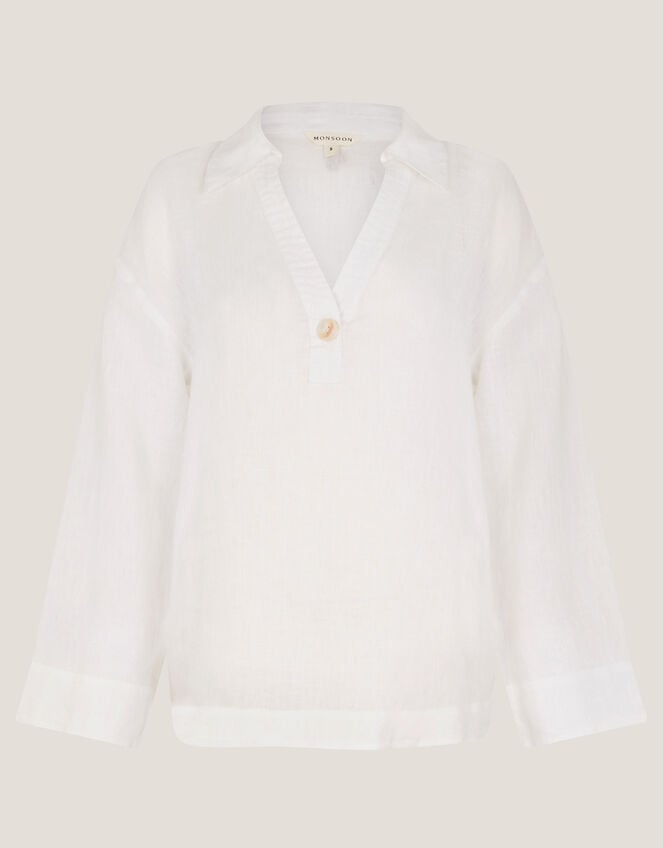 Clover Linen Button Blouse, White (WHITE), large