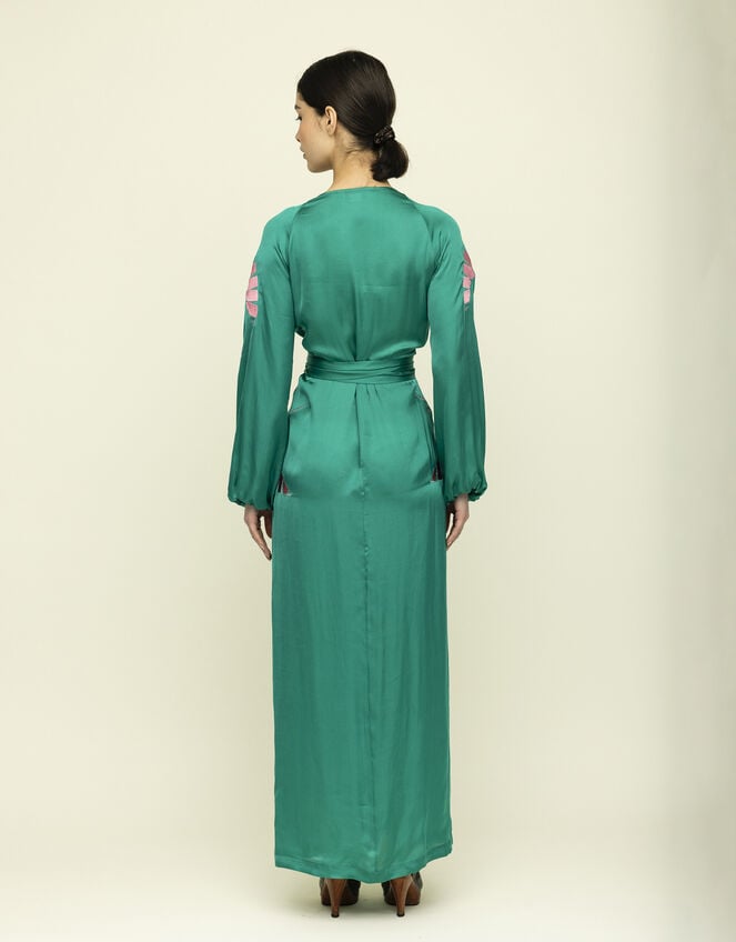 Tallulah & Hope Aziza Long Embroidered Wrap Dress, Green (GREEN), large