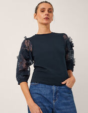 Fi Floral Appliqué Jersey Top, Blue (NAVY), large