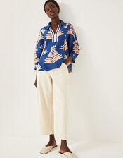 Pamela Linen Blend Leaf Print Top, Blue (COBALT), large