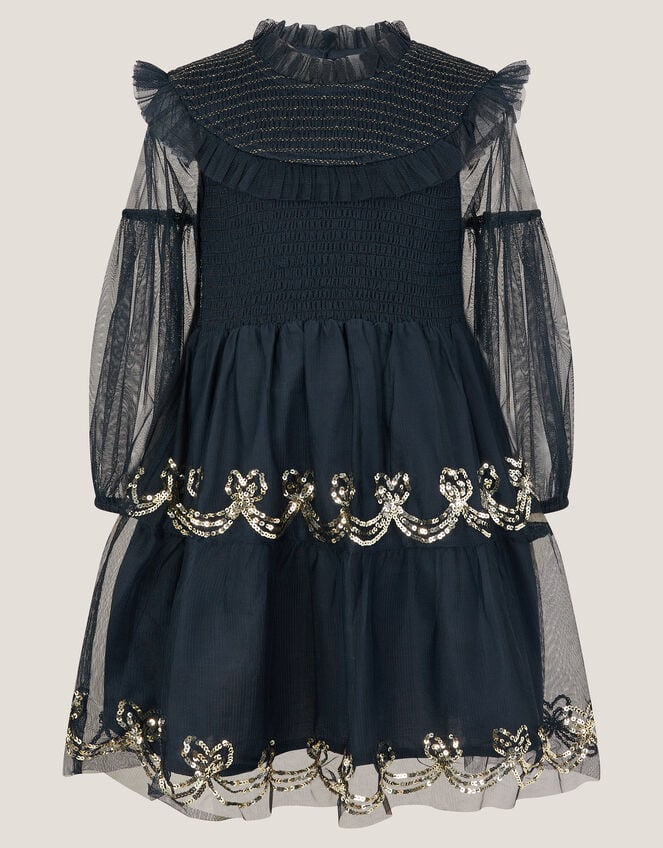 Bow Shirred Mesh Dress, Blue (NAVY), large