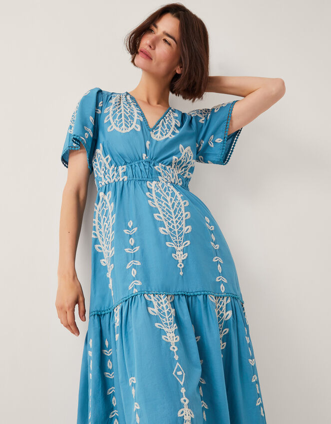 Noa Short Sleeve Embroidered Midi Dress, Blue (BLUE), large