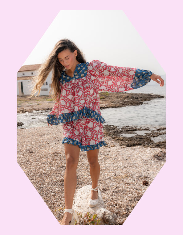Pitusa Block Print Frill Blouse & Shorts Set, , large