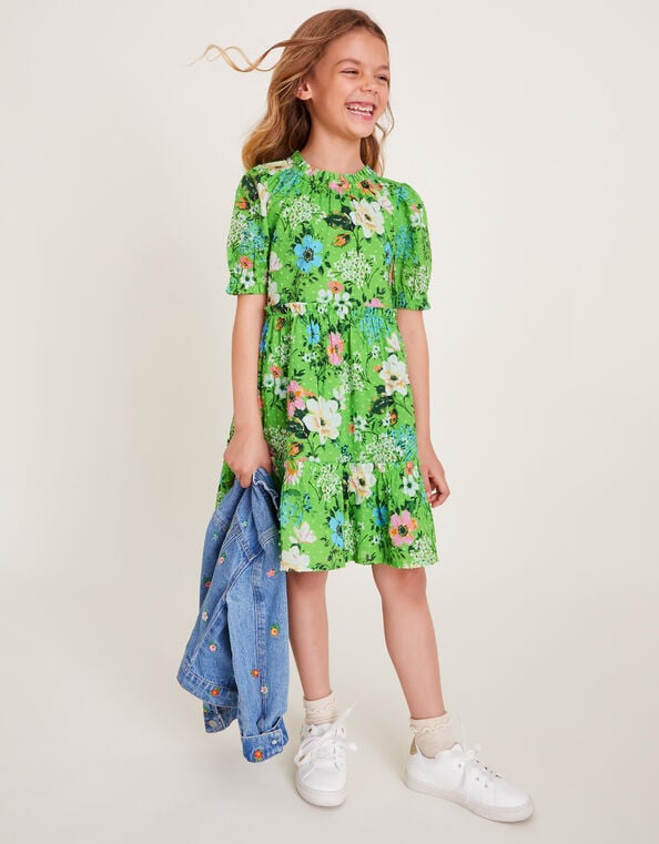 Puff Sleeve Floral Dress, Green (GREEN), large