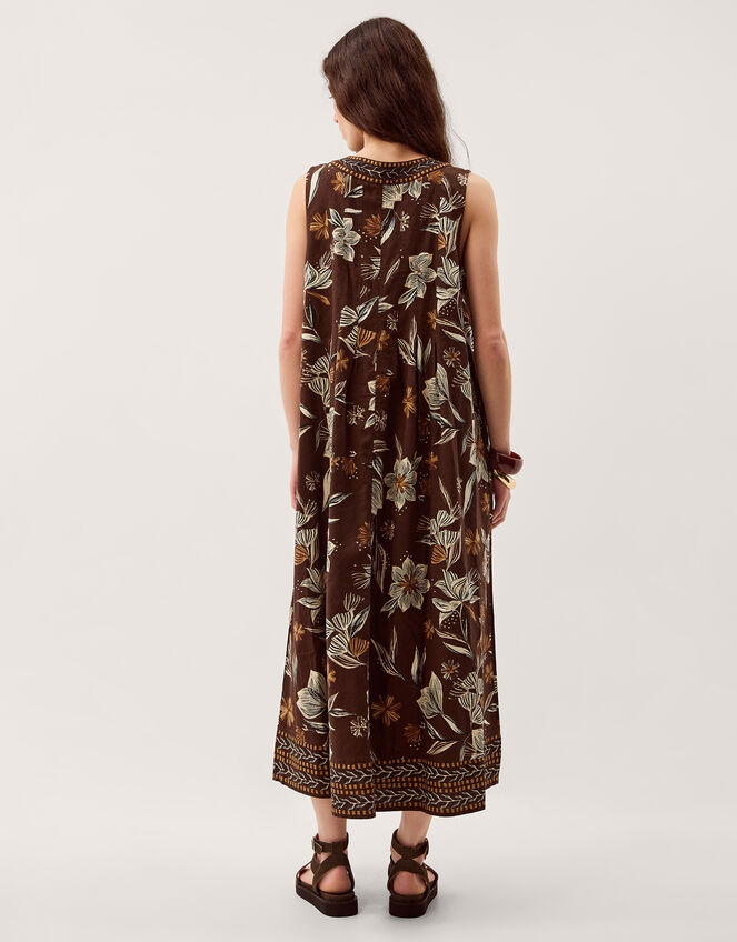 Esther Floral Linen Blend Midi Dress, Brown (CHOCOLATE), large