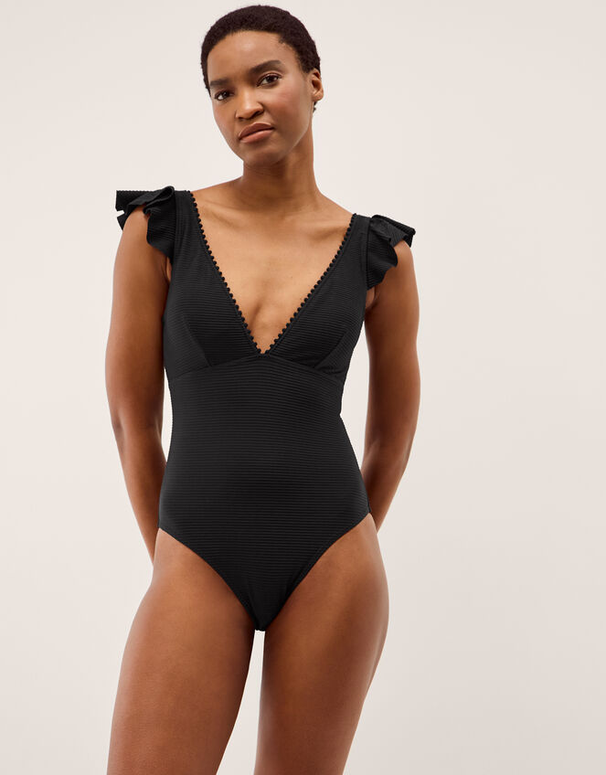 Kaylie Plunge Ruffle Swimsuit, Black (BLACK), large