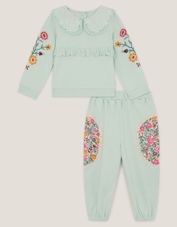 Baby Embroidered Floral Top & Jogger Set, Green (GREEN), large