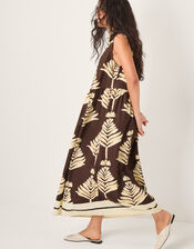 Pamela Linen Blend Leaf Print Midi Dress, Brown (CHOCOLATE), large