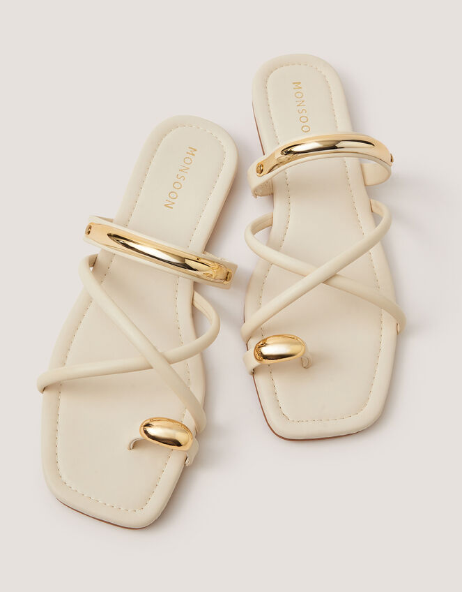 Metal Detail Toe Strap Sandals, Natural (NEUTRAL), large