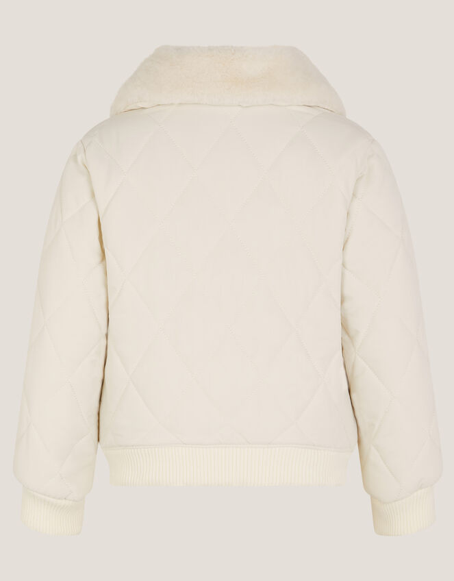 Faux Fur Collar Quilted Bomber Jacket, Cream (CREAM), large