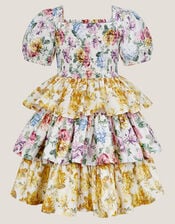 Floral Print Puff Sleeve Tiered Dress, Yellow (YELLOW), large