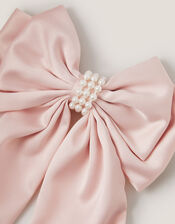 Long Pearl Satin Bow Hair Clip, Pink (PALE PINK), large
