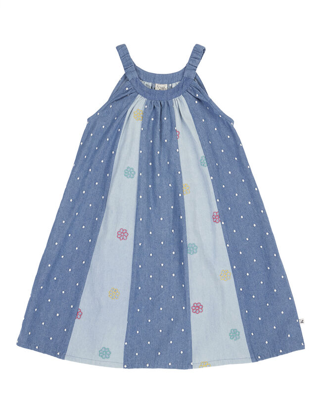 Frugi Embroidered Denim Trapeze Dress, Blue (BLUE), large