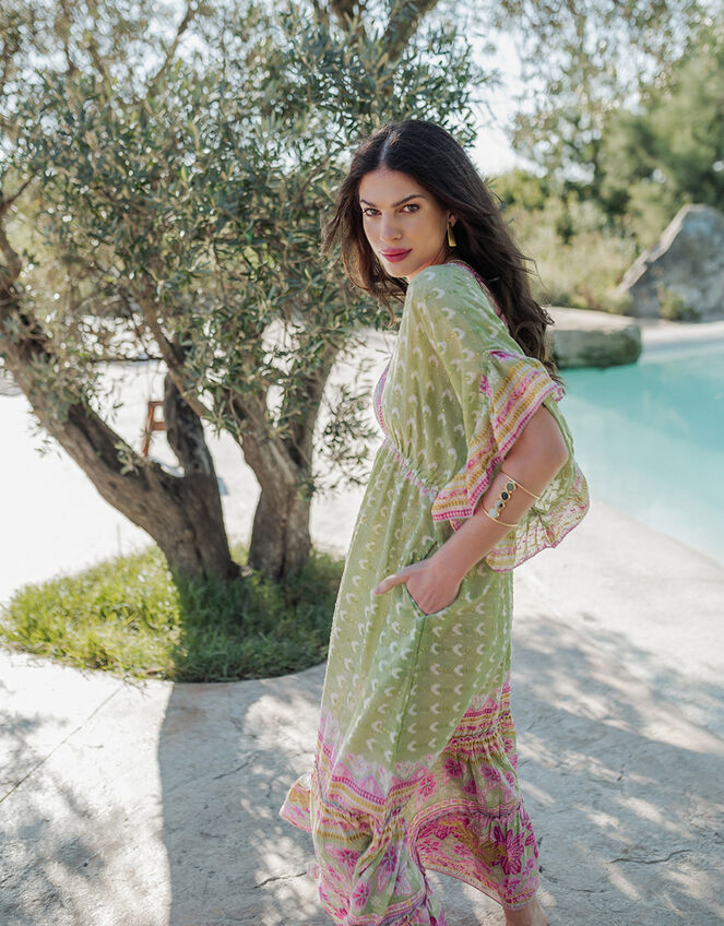 Piti Cuiti Floral Print Maxi Kaftan Dress, Green (GREEN), large