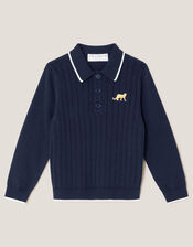 Ribbed Knit Polo Jumper, Blue (NAVY), large