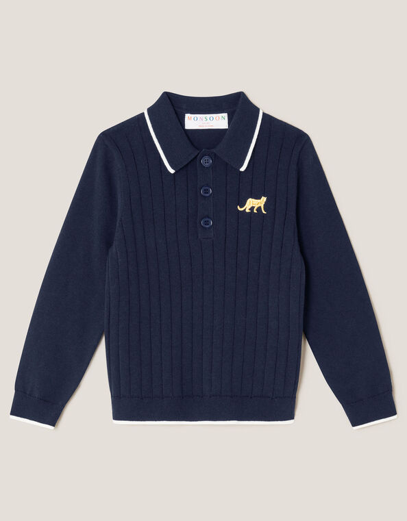 Ribbed Knit Polo Jumper, Blue (NAVY), large