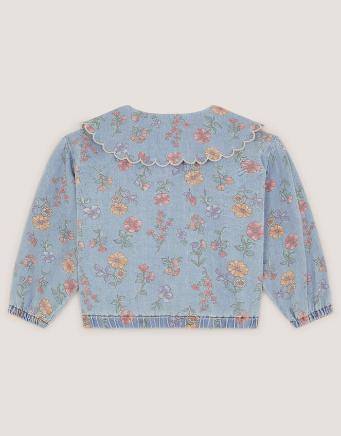 Floral Scallop Collar Denim Jacket, Blue (BLUE), large