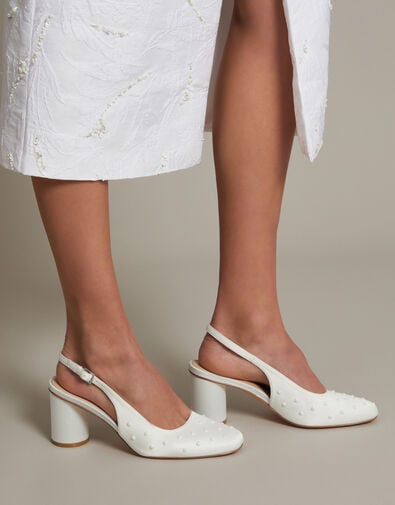 Pelia Pearl Satin Slingback Heels, Ivory (IVORY), large