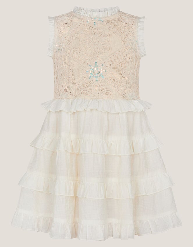 Crochet Yoke Ruffle Dress, Ivory (IVORY), large