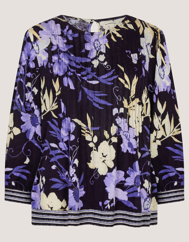 Nicolette Floral Linen Blend Top, Blue (NAVY), large