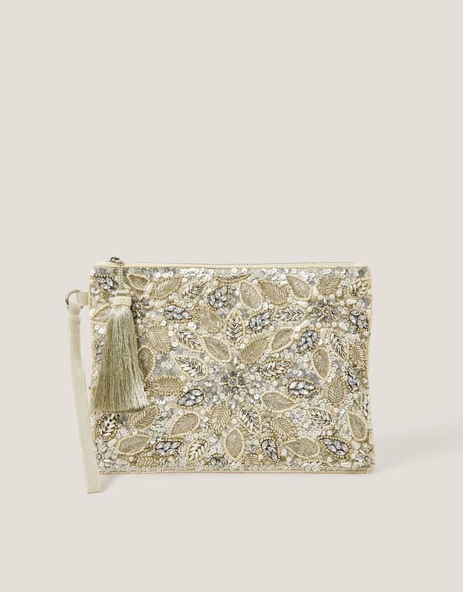 Febe Floral Embellished Tassel Pouch, , large