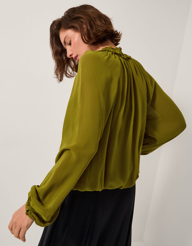 Ellie Frill Neck Wrap Blouse, Green (KHAKI), large