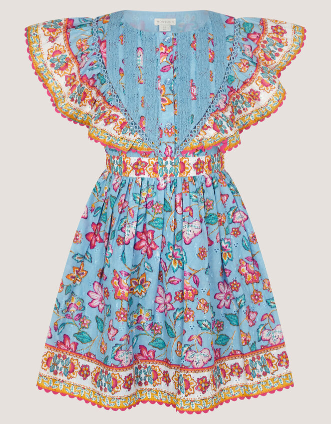 Adara Floral Print Broderie Dress, Blue (BLUE), large