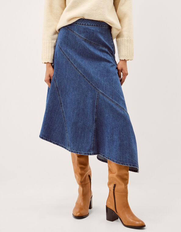 Annie Asymmetric Denim Midi Skirt, Blue (MID AUTHENTIC BLUE), large