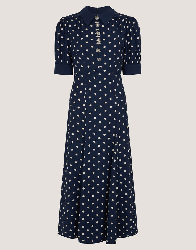 Kate Puff Sleeve Polka Dot Midi Dress, Blue (NAVY), large
