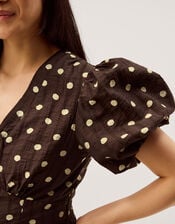 Paris Puff Sleeve Polka Dot Midi Dress, Brown (CHOCOLATE), large