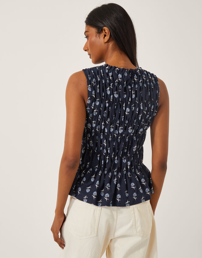 Deniz Sleeveless Smocked Floral Top, Blue (NAVY), large
