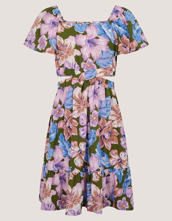Floral Short Sleeve Cut Out Dress, Green (KHAKI), large